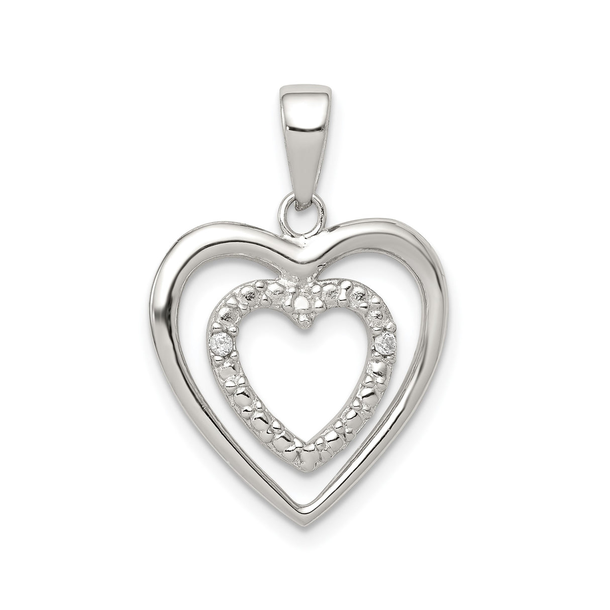 Sterling Silver Heart Pendant with Cubic Zirconia, Double Open Heart Design for Women