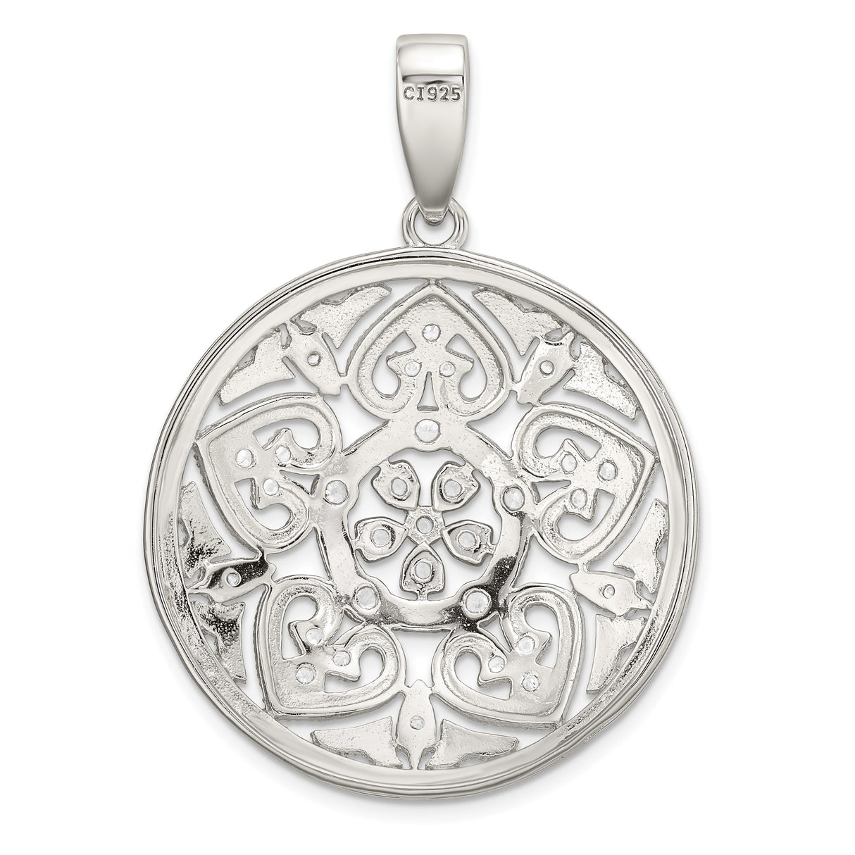 Sterling Silver Pendant with Cubic Zirconia, Filigree Mandala Design and Floral Scroll Pattern