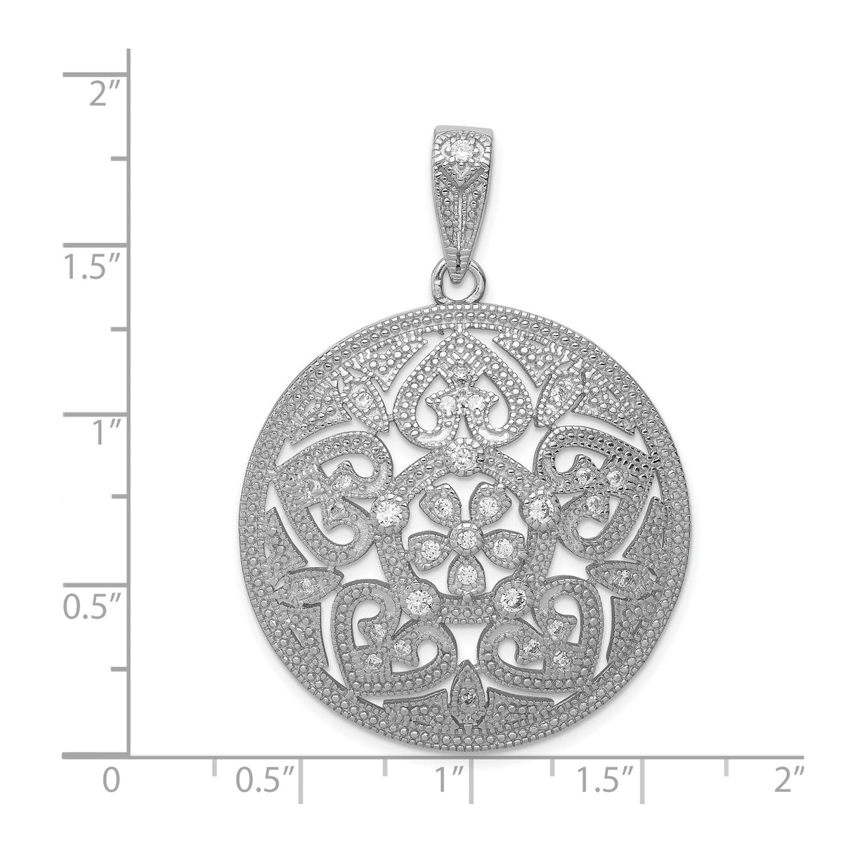Sterling Silver Pendant with Cubic Zirconia, Filigree Mandala Design and Floral Scroll Pattern