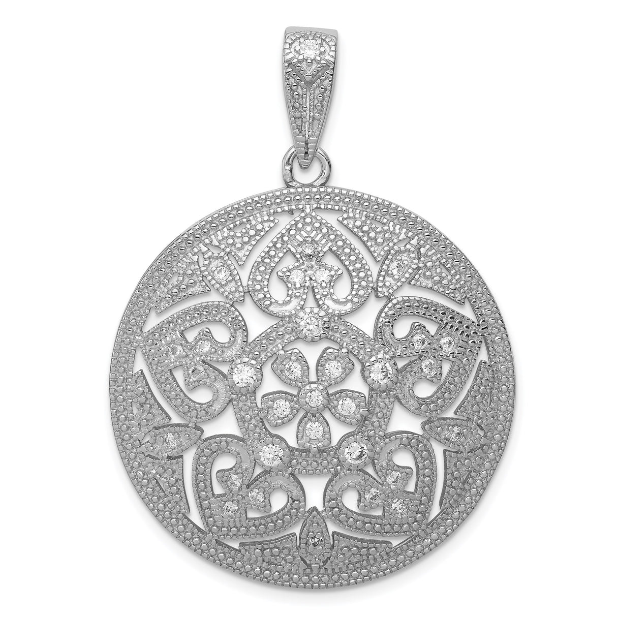 Sterling Silver Pendant with Cubic Zirconia, Filigree Mandala Design and Floral Scroll Pattern