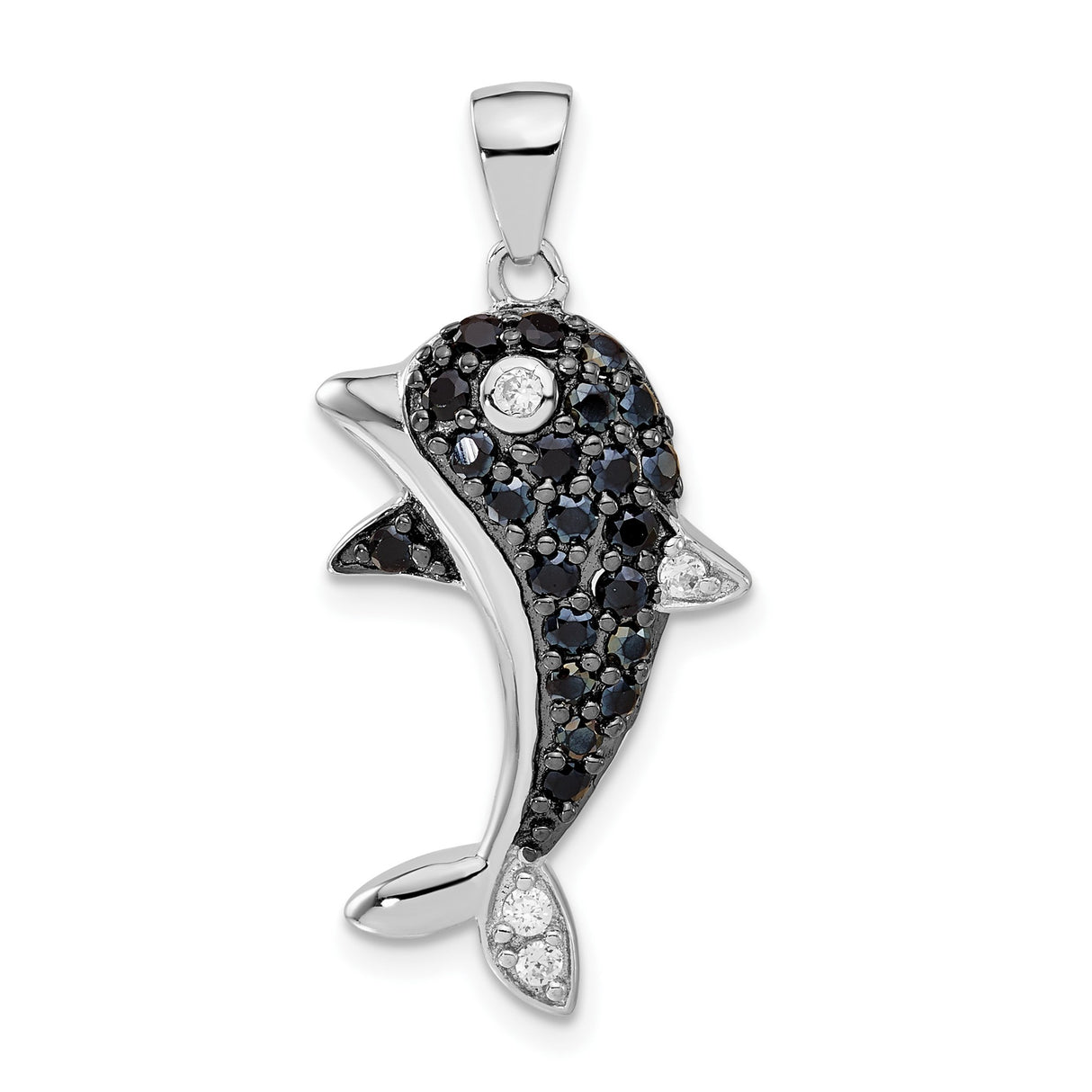 Sterling Silver Dolphin Pendant with Black and White Cubic Zirconia, Ocean Animal Theme