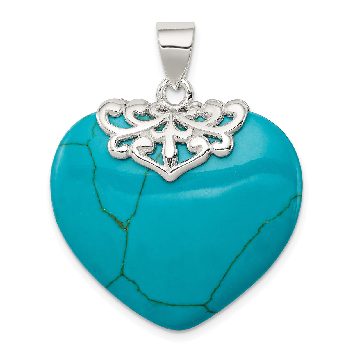 Sterling Silver Heart Pendant with Turquoise, Ornate Filigree, Boho Southwest Style