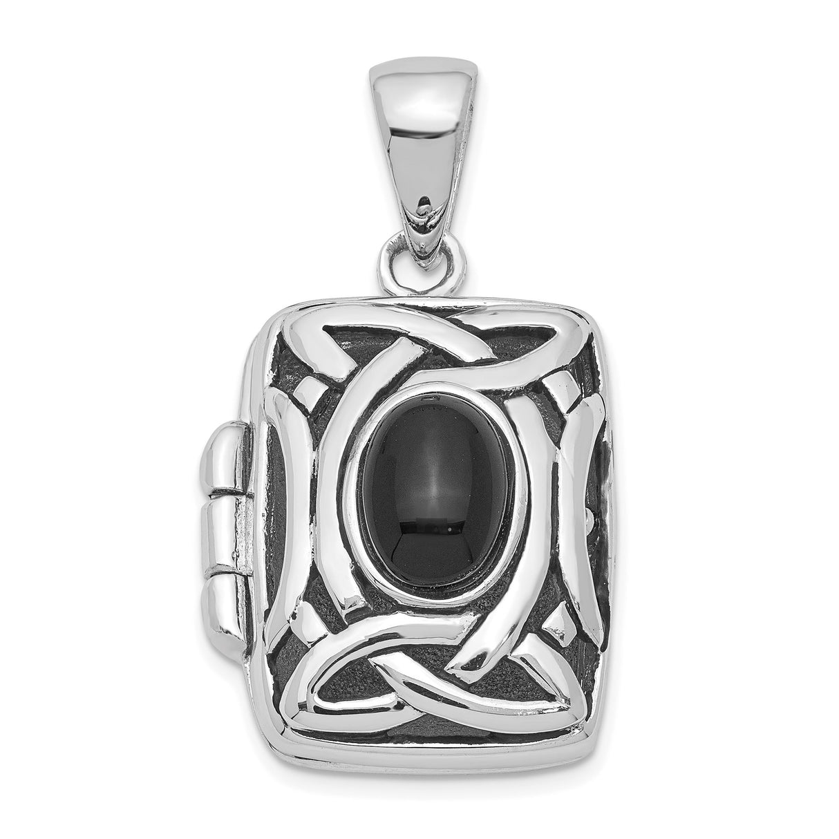 Sterling Silver Celtic Locket Pendant with Black Onyx, Rectangular Knot Design