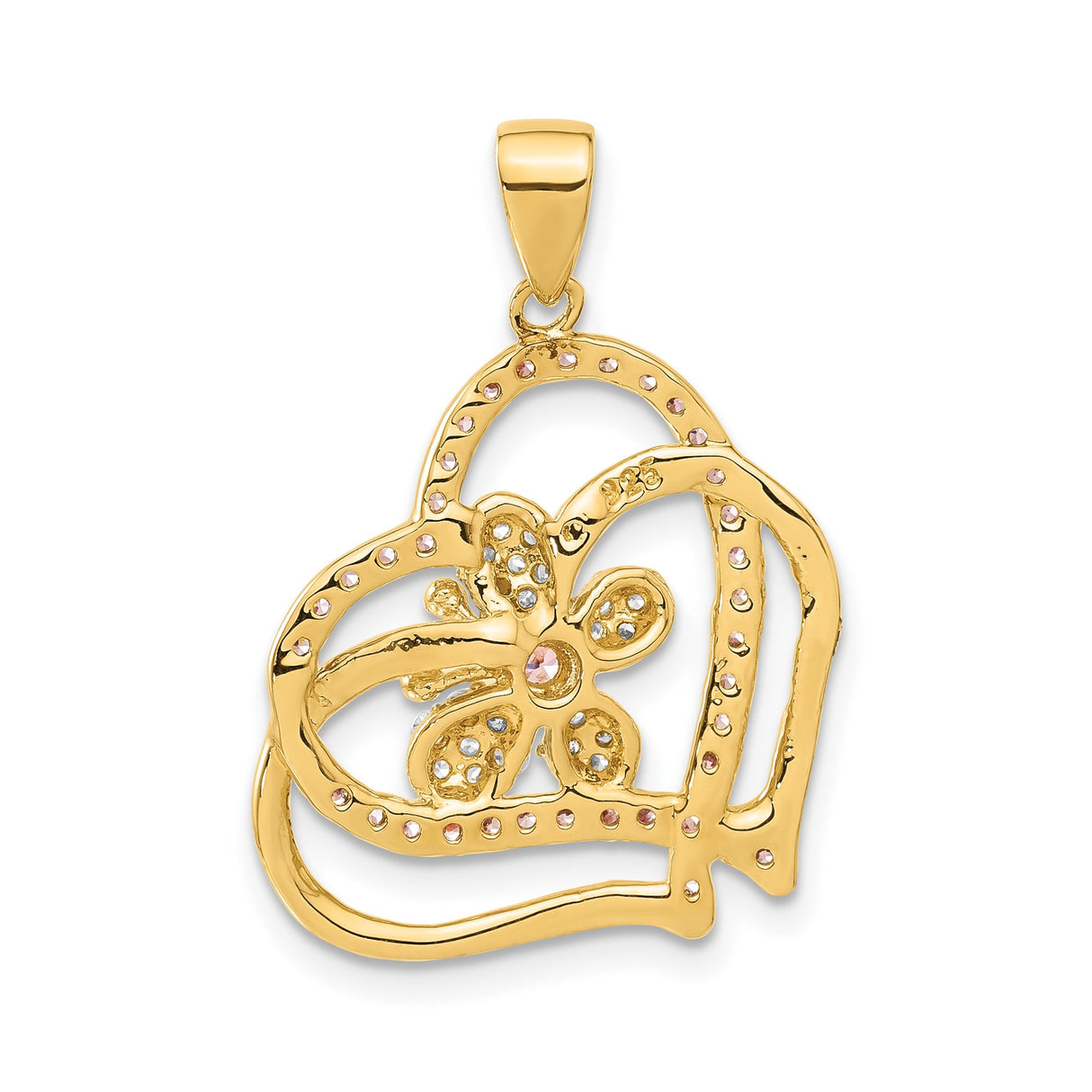 Sterling Silver Heart Pendant with Pink and Clear Cubic Zirconia, Two-Tone Floral Design