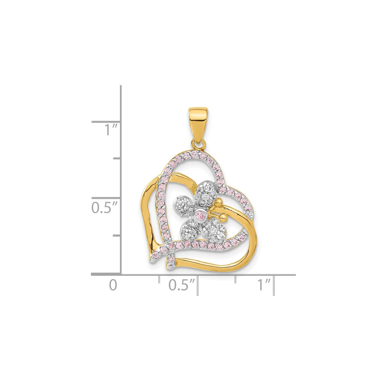 Sterling Silver Heart Pendant with Pink and Clear Cubic Zirconia, Two-Tone Floral Design
