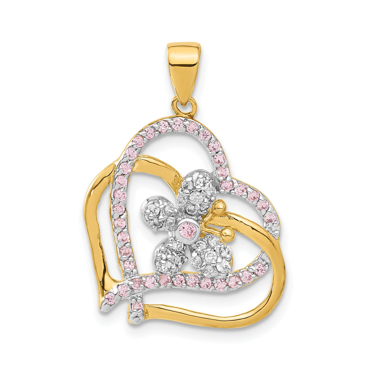 Sterling Silver Heart Pendant with Pink and Clear Cubic Zirconia, Two-Tone Floral Design