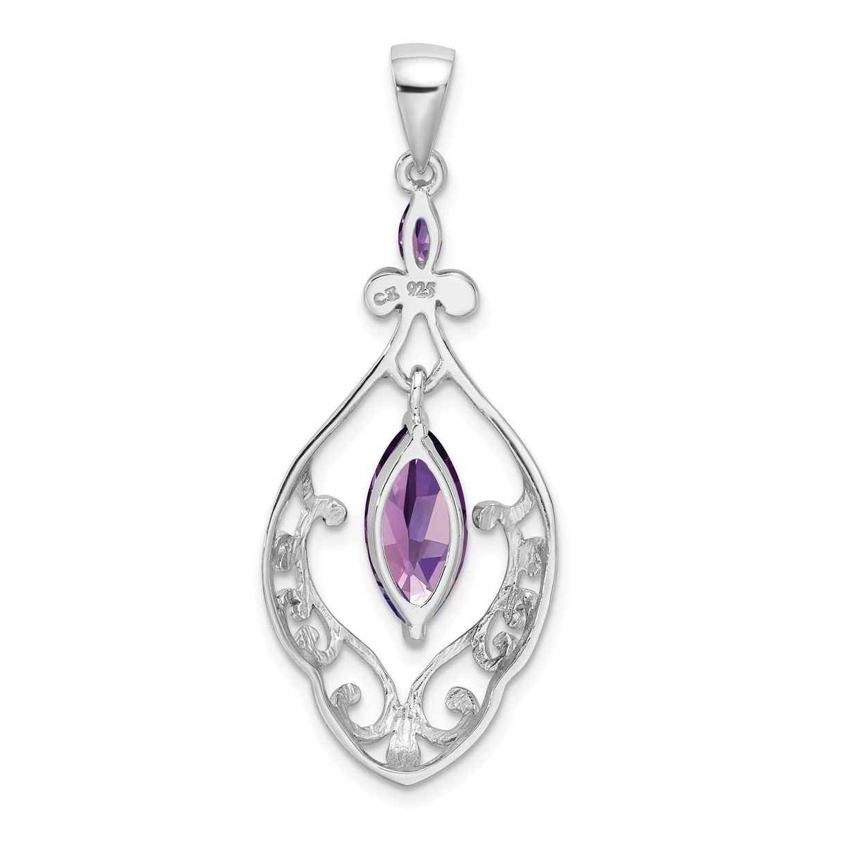 Sterling Silver Pendant with Marquise Cut Amethyst, Vintage Filigree and Fleur-de-Lis Design