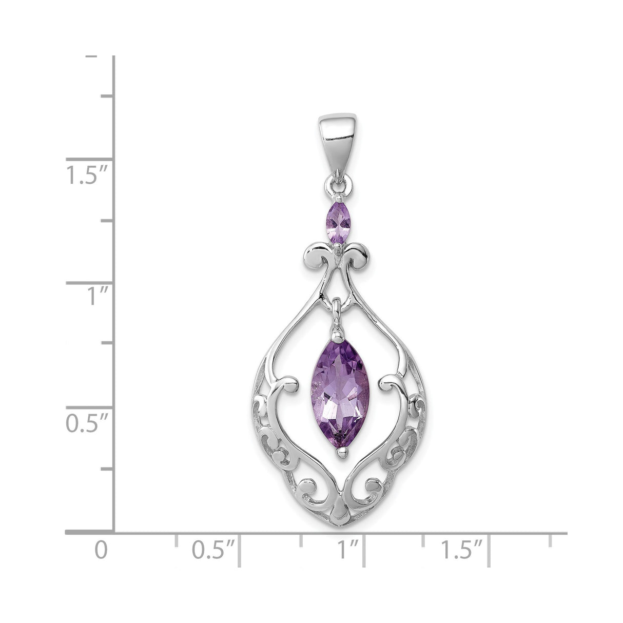 Sterling Silver Pendant with Marquise Cut Amethyst, Vintage Filigree and Fleur-de-Lis Design