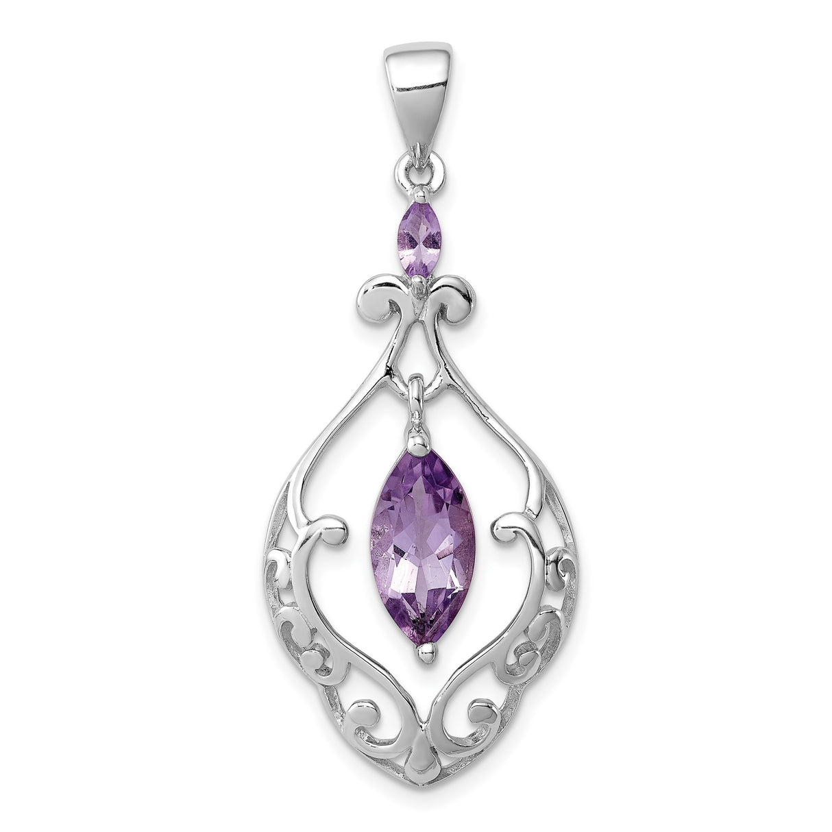 Sterling Silver Pendant with Marquise Cut Amethyst, Vintage Filigree and Fleur-de-Lis Design