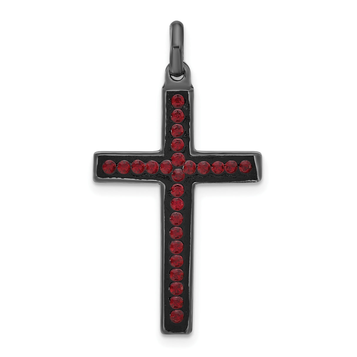 Sterling Silver Cross Pendant with Black Ceramic and Red Crystal, Modern Religious Unisex Jewelry