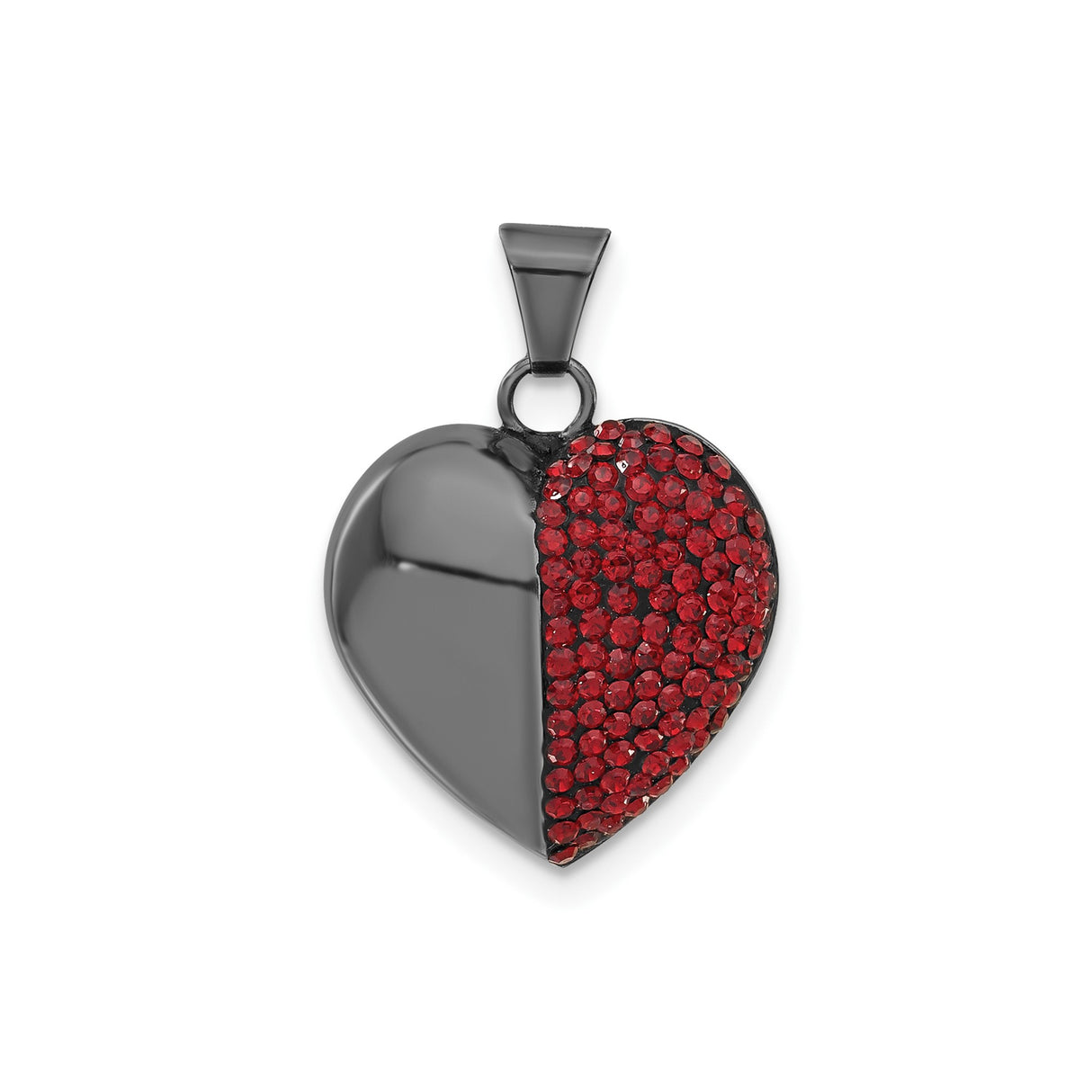 Sterling Silver Heart Pendant with Half Red Crystal Pavé Design, Symbolic Split Heart Charm