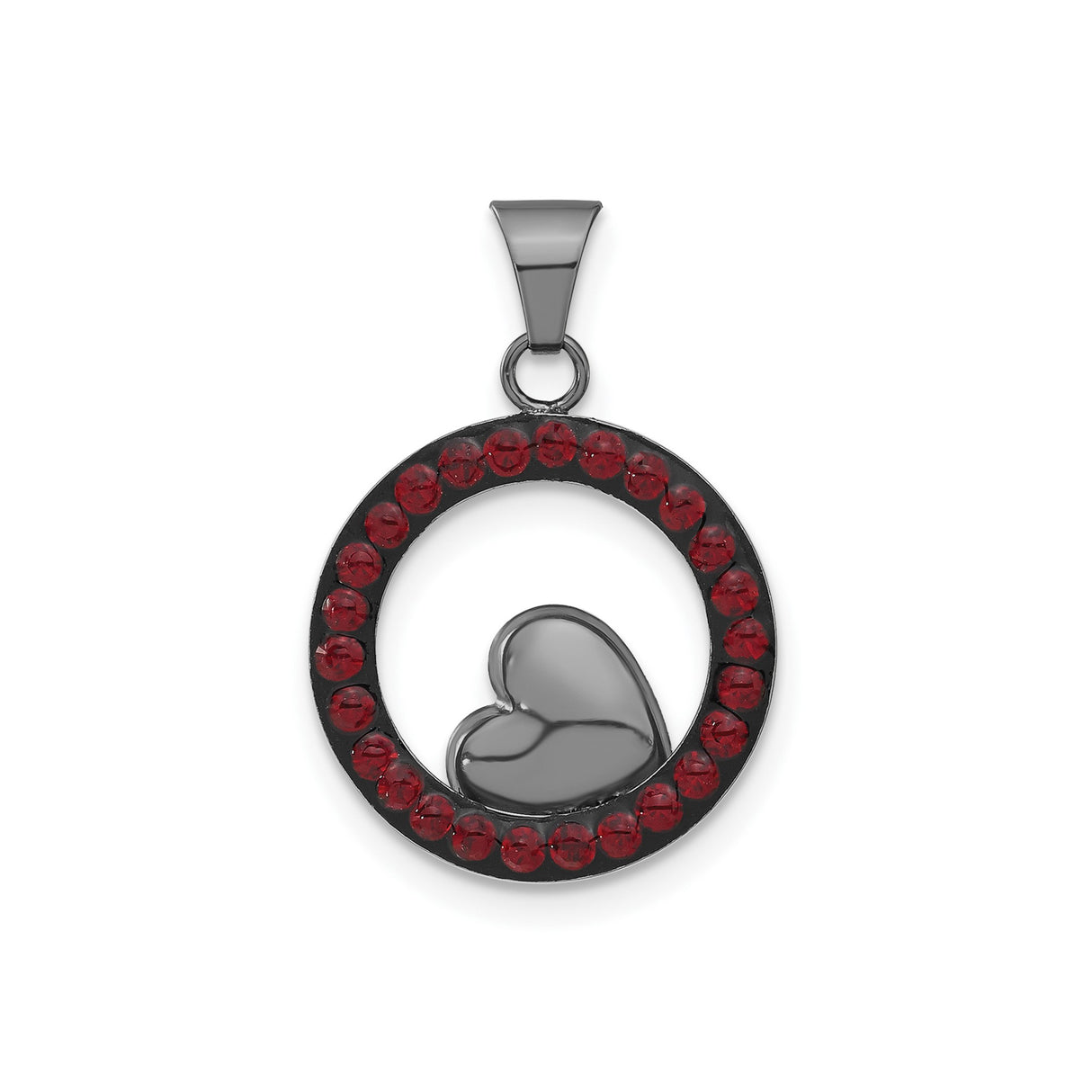 Sterling Silver Heart Pendant with Red Crystal Accents and Black Plated Frame