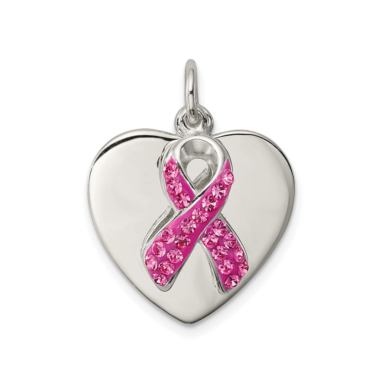 Sterling Silver Heart Pendant with Pink Crystal Ribbon, Breast Cancer Awareness Jewelry