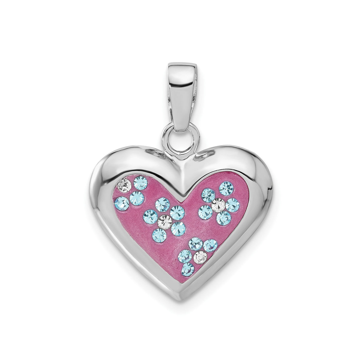 Sterling Silver Heart Pendant with Pink Enamel Center and Light Blue Crystals