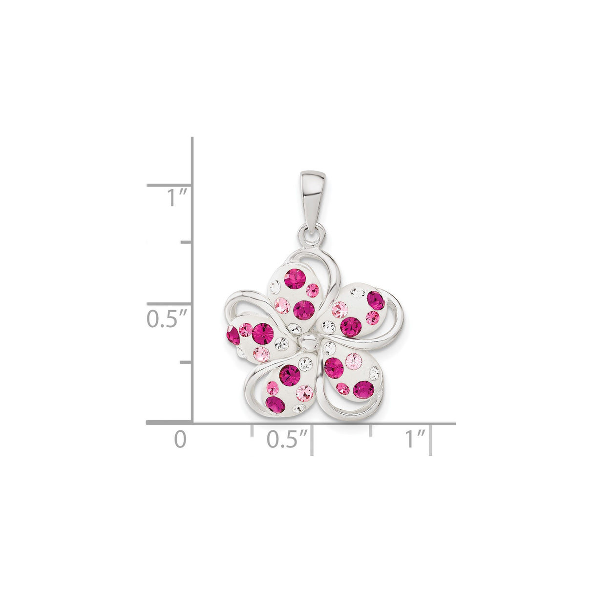 Sterling Silver Pendant with Pink Magenta Crystals, Floral Five Petal Flower Design for Women
