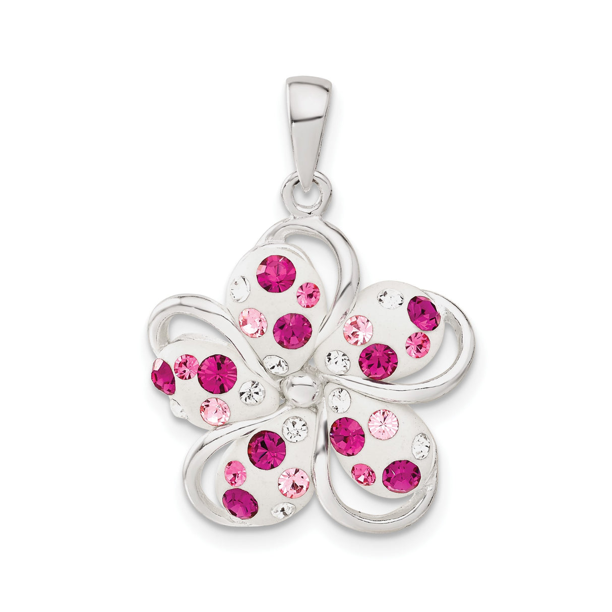 Sterling Silver Pendant with Pink Magenta Crystals, Floral Five Petal Flower Design for Women