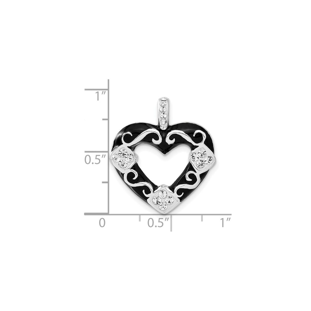 Sterling Silver Heart Pendant with Black Enamel, Filigree Scrollwork and Clear Crystals