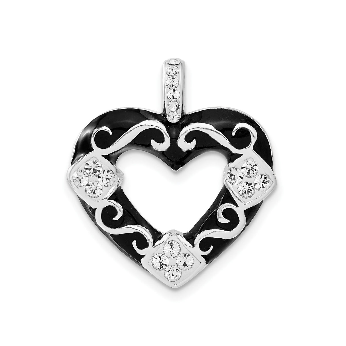Sterling Silver Heart Pendant with Black Enamel, Filigree Scrollwork and Clear Crystals