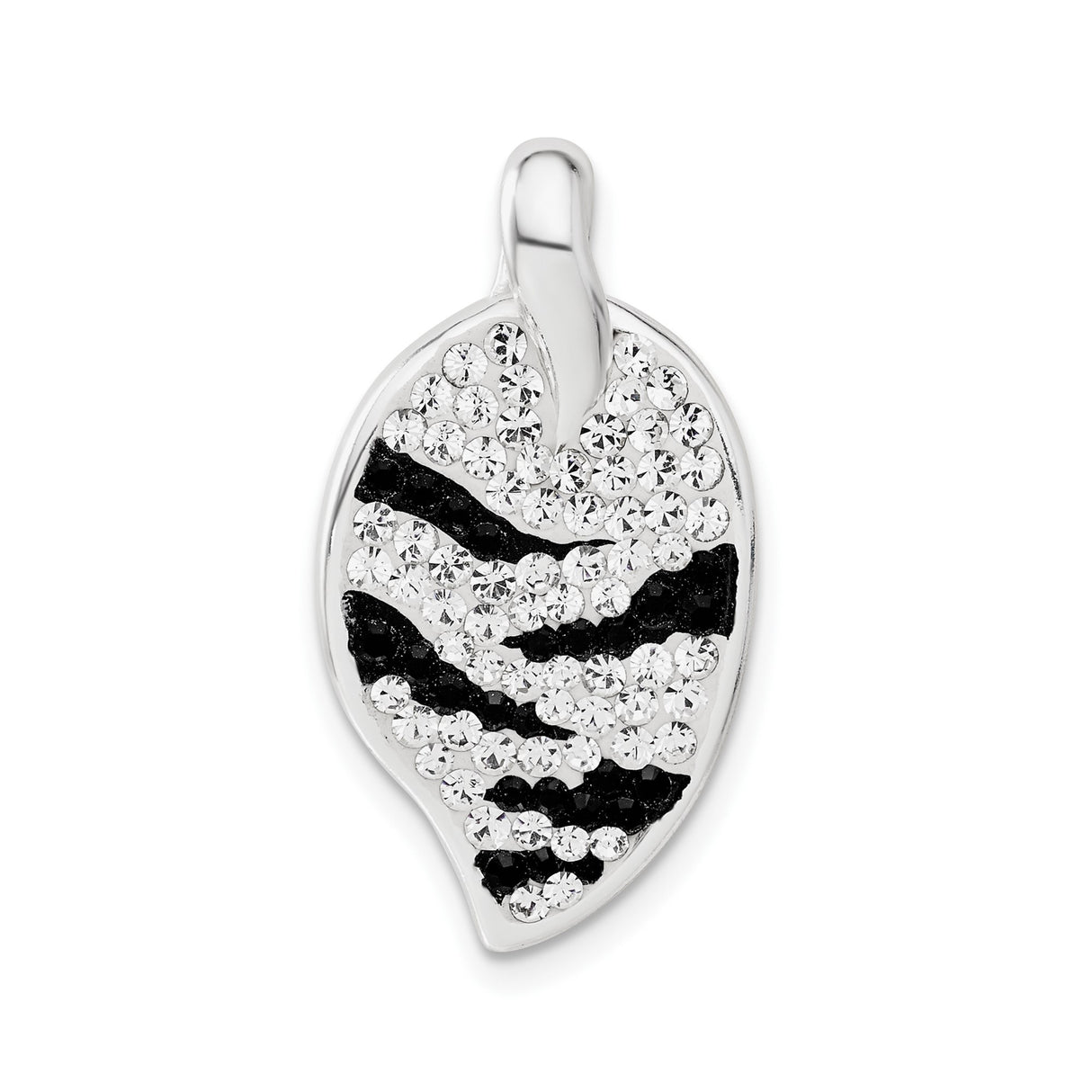 Sterling Silver Leaf Shaped Pendant with Clear and Black Crystals, Zebra Stripe Pattern