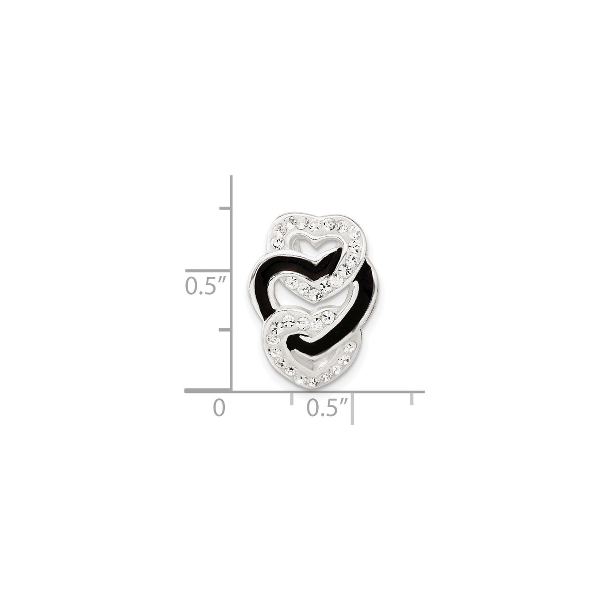 Sterling Silver Heart Charm with Clear Crystals, Intertwined Hearts and Black Enamel