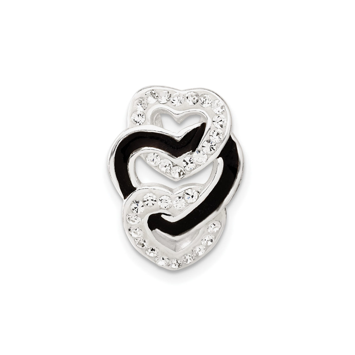Sterling Silver Heart Charm with Clear Crystals, Intertwined Hearts and Black Enamel