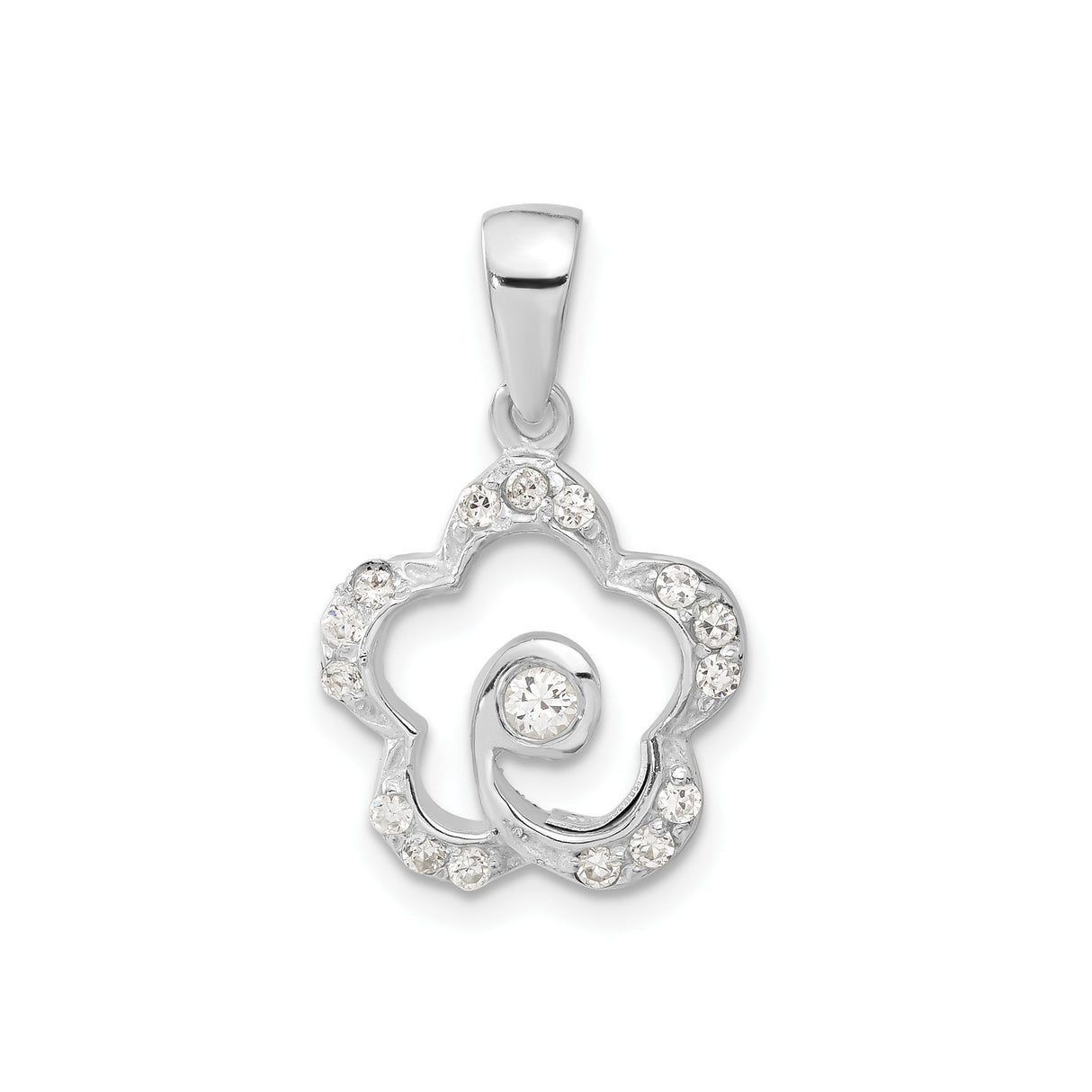 Sterling Silver Pendant with Cubic Zirconia, Flower Swirl Design, Feminine Floral Jewelry for Women