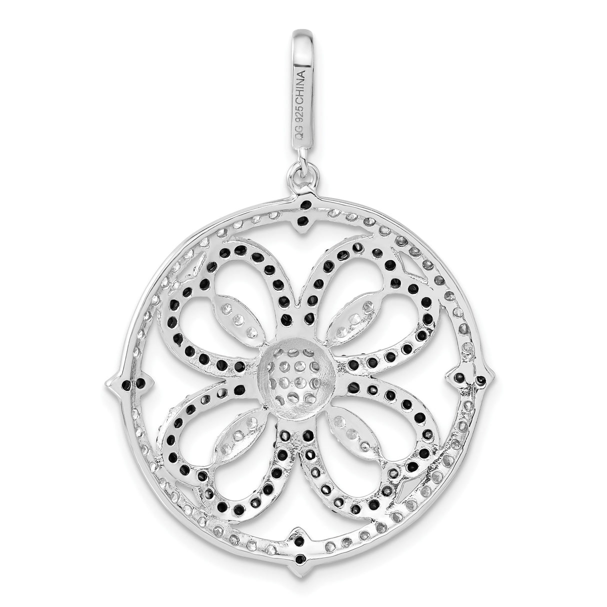 Sterling Silver Pendant with Cubic Zirconia in Round Floral Openwork Design for Women