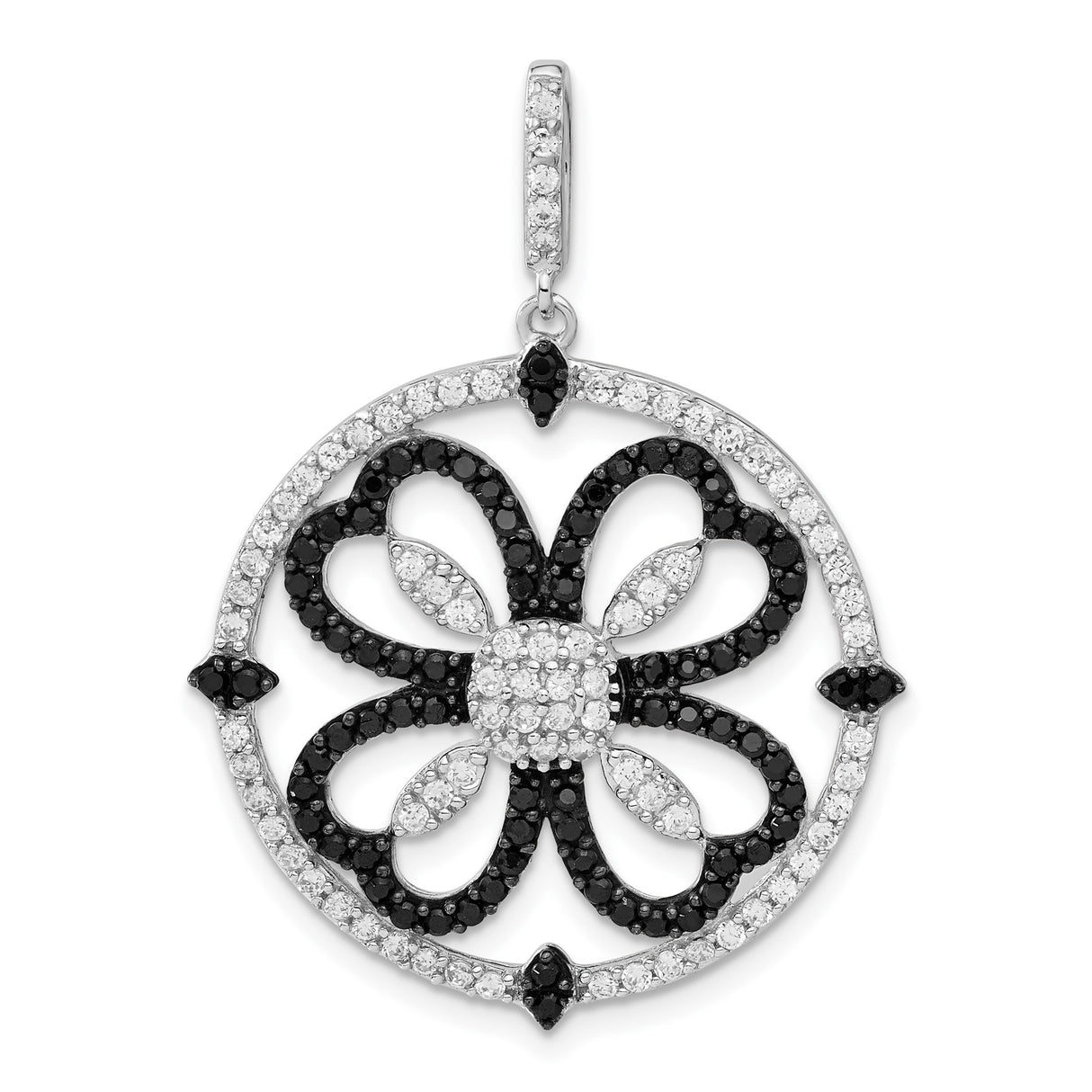 Sterling Silver Pendant with Cubic Zirconia in Round Floral Openwork Design for Women