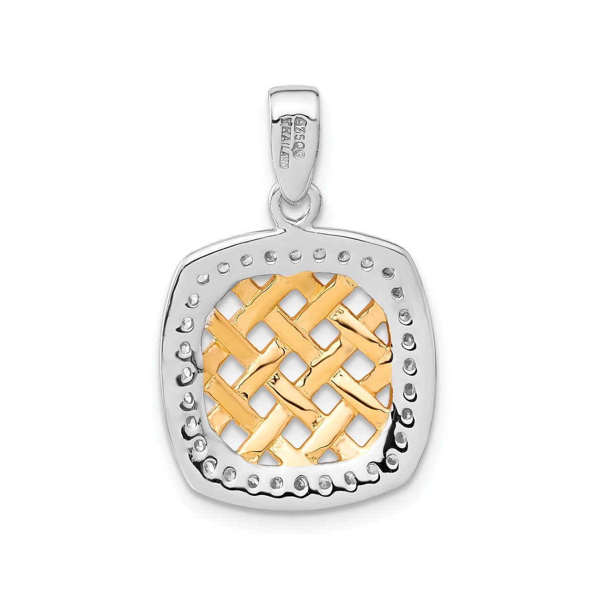 Sterling Silver and 14k Yellow Gold Square Pendant with Cubic Zirconia, Woven Lattice Design