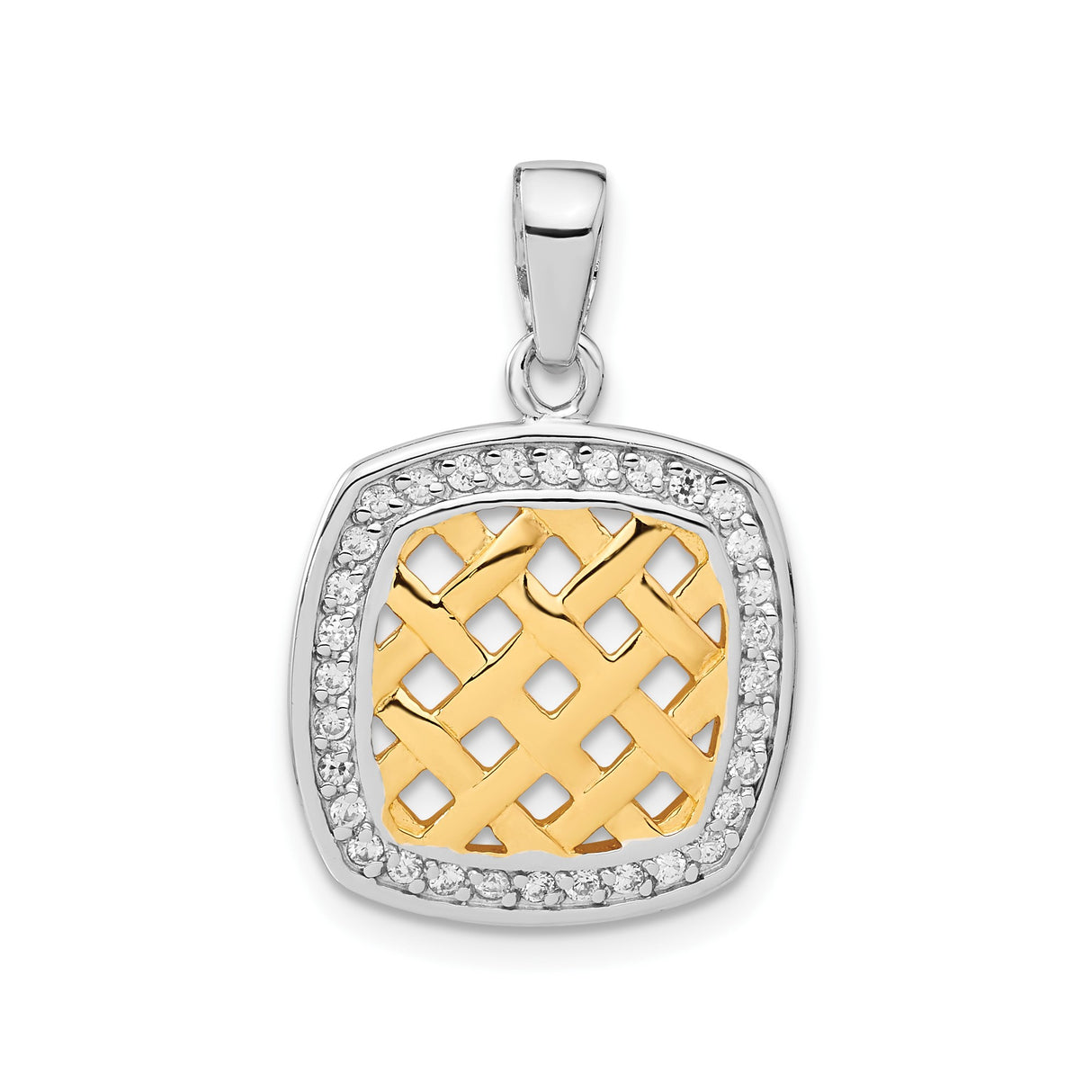 Sterling Silver and 14k Yellow Gold Square Pendant with Cubic Zirconia, Woven Lattice Design