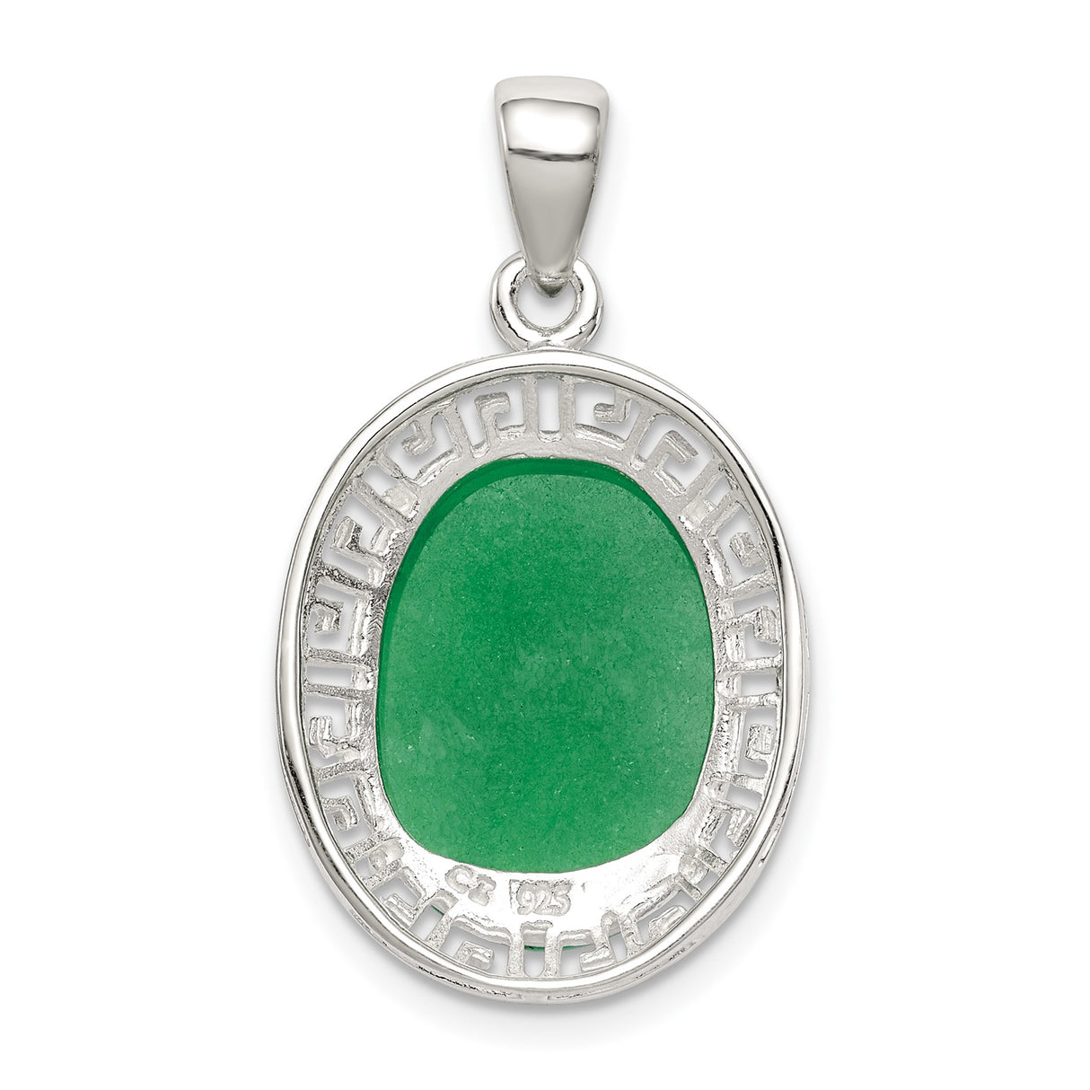 Sterling Silver Oval Pendant with Green Jade, Greek Key Design, Symbolic Jewelry for Women