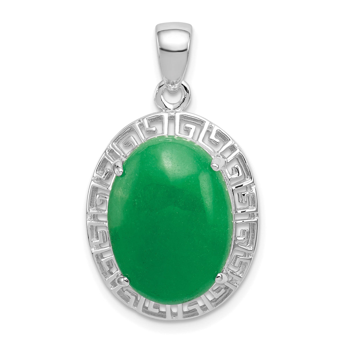 Sterling Silver Oval Pendant with Green Jade, Greek Key Design, Symbolic Jewelry for Women