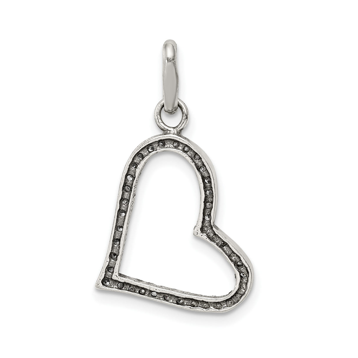 Sterling Silver Heart Pendant with Cubic Zirconia, Tilted Open Design, Textured Sparkle Detail