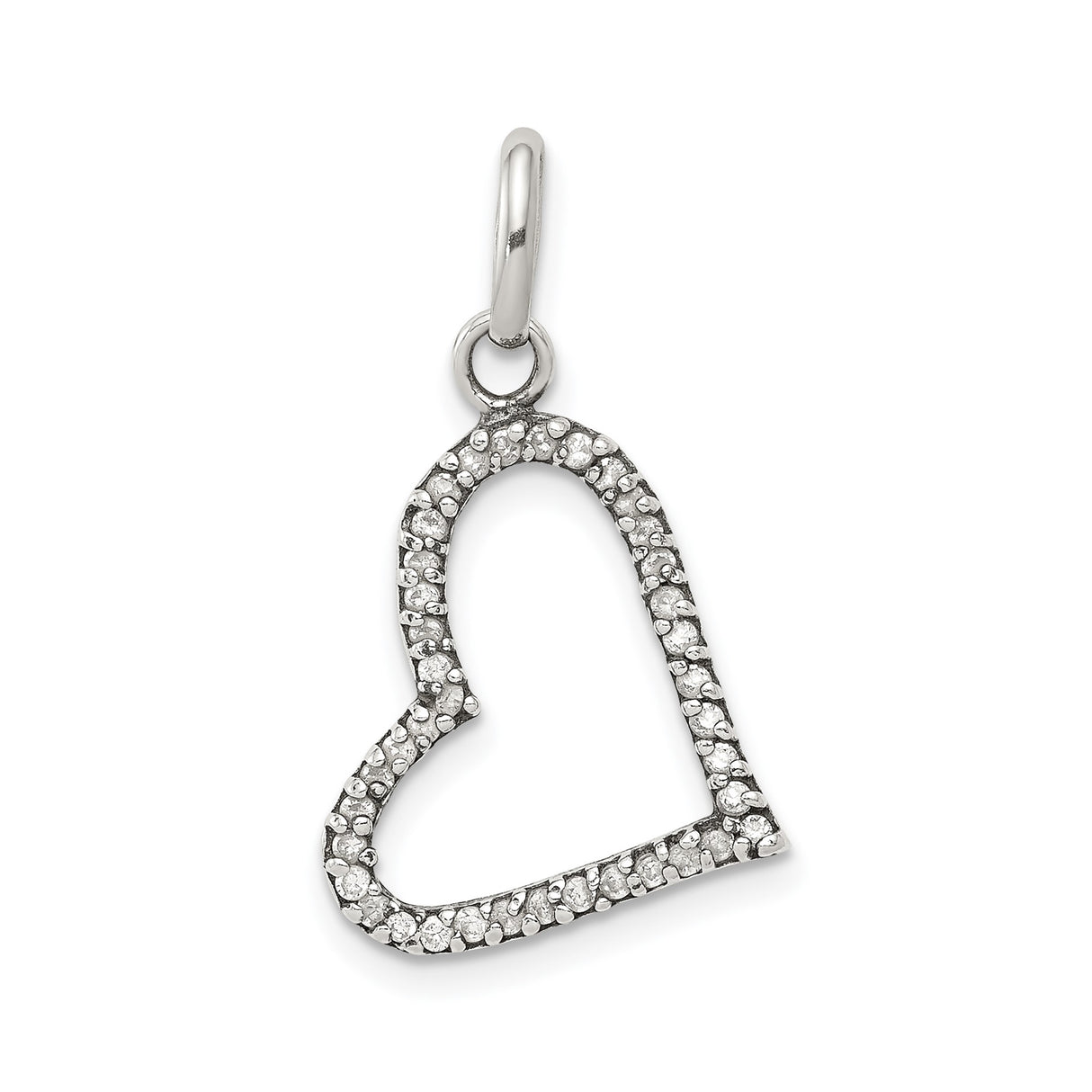 Sterling Silver Heart Pendant with Cubic Zirconia, Tilted Open Design, Textured Sparkle Detail