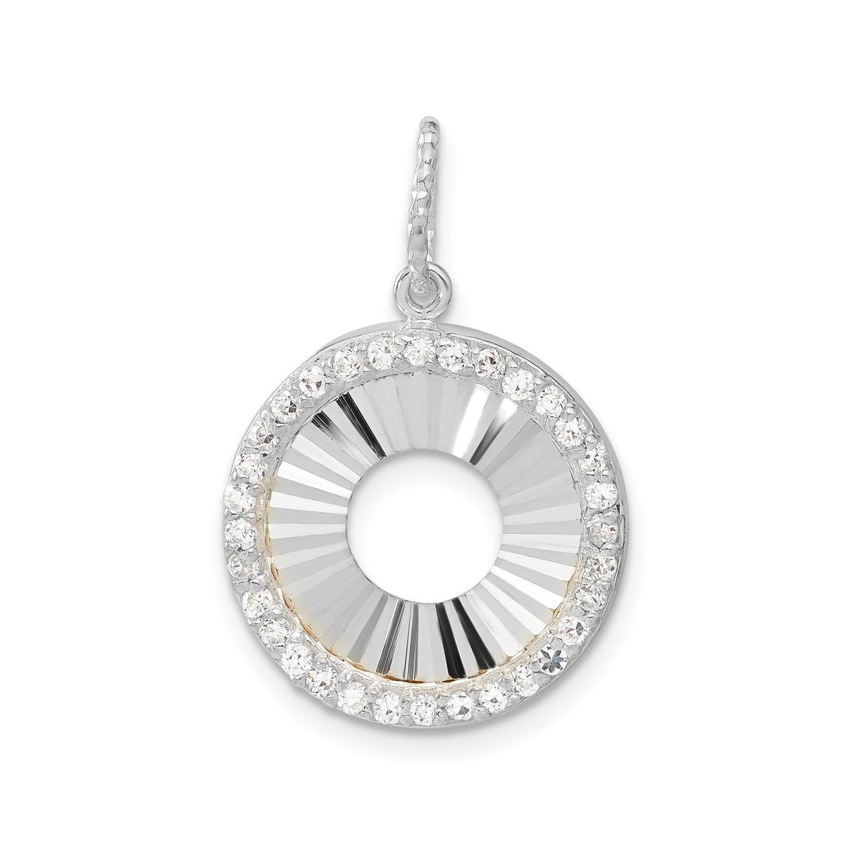 Sterling Silver Circle Pendant with Cubic Zirconia Halo and Sunburst Design