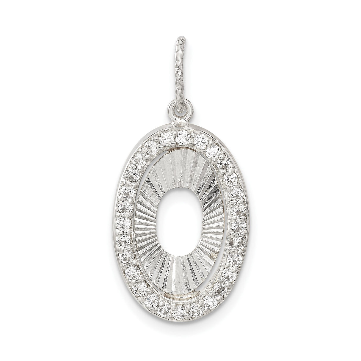 Sterling Silver Oval Pendant with Radiant Cut Sunburst and Cubic Zirconia Border