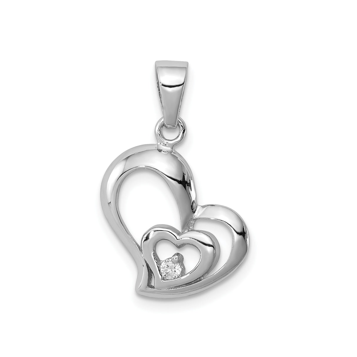 Sterling Silver Heart Pendant with Double Heart Design and Cubic Zirconia Accent