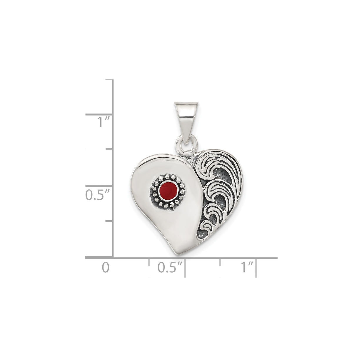 Sterling Silver Heart Pendant with Red Center Accent, Ornate Swirling Artistic Design
