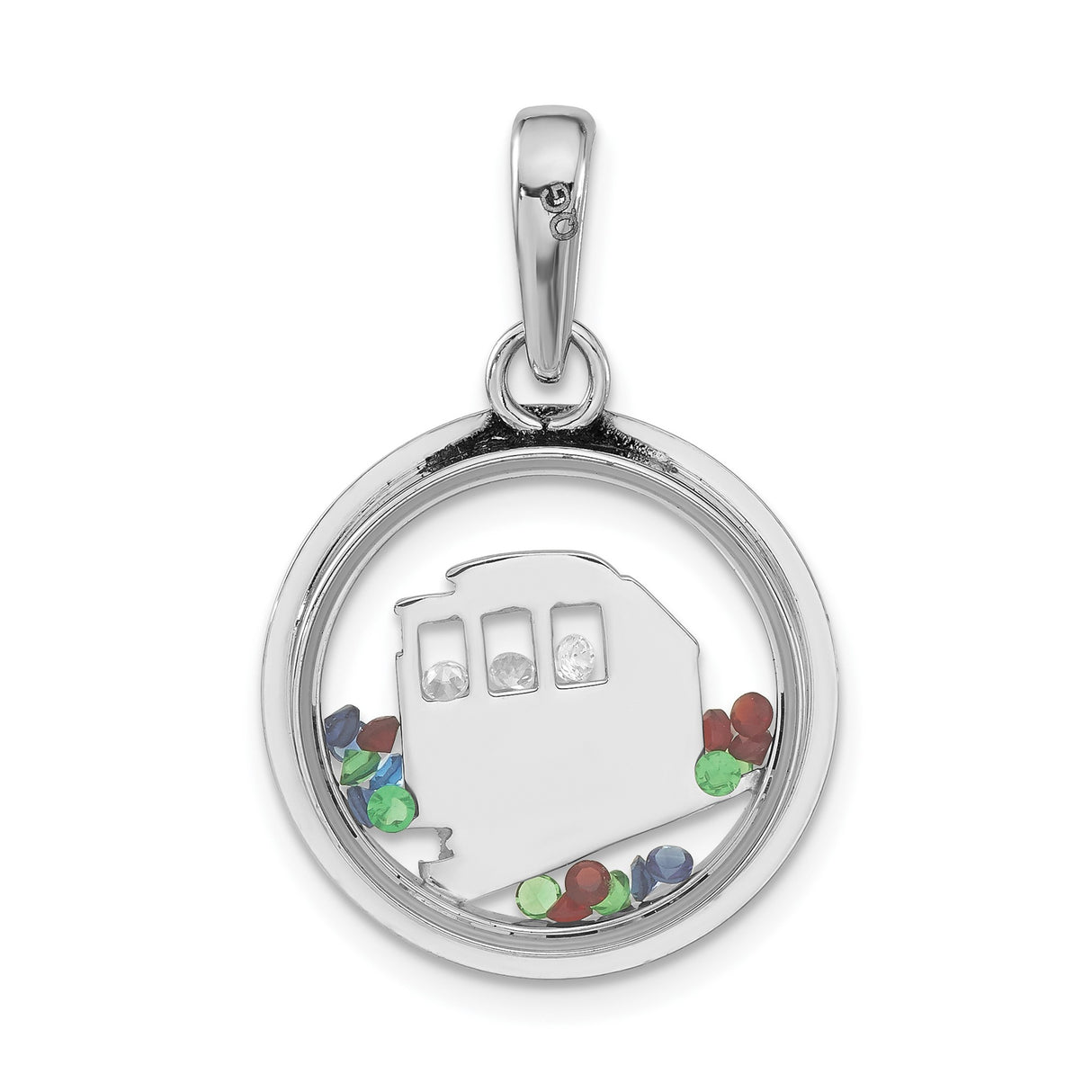 Sterling Silver Cable Car Pendant with Multicolored Glass, San Francisco Trolley Charm Design