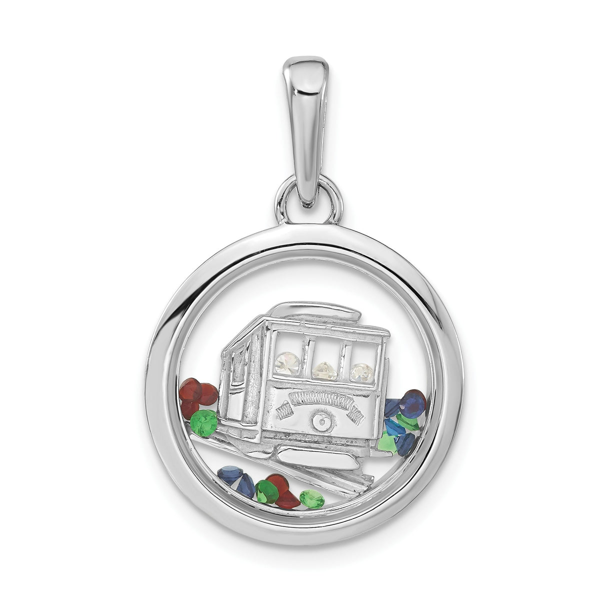 Sterling Silver Cable Car Pendant with Multicolored Glass, San Francisco Trolley Charm Design