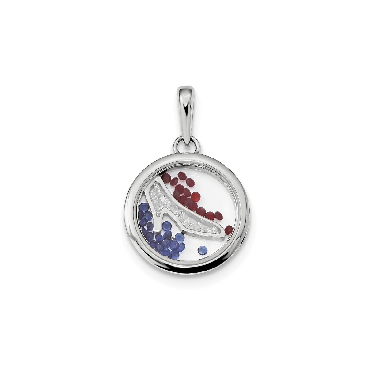 Sterling Silver Round Locket Pendant with Red and Blue Glass Crystals, High Heel Design