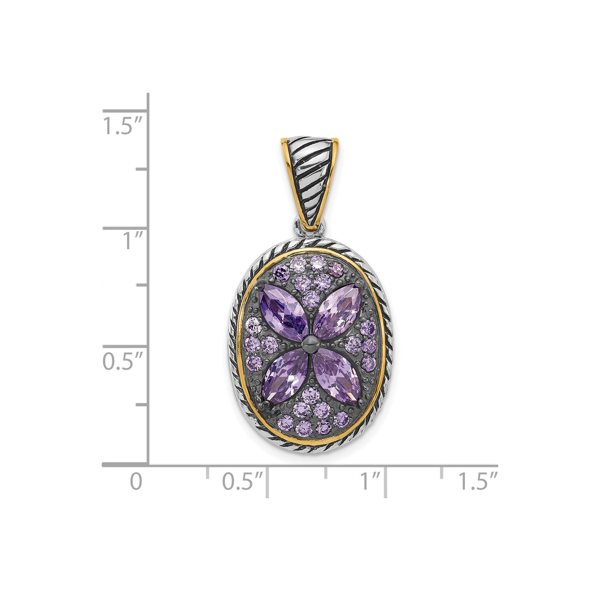 Sterling Silver Pendant with Cubic Zirconia, Floral Oval Design and Gold Tone Accents