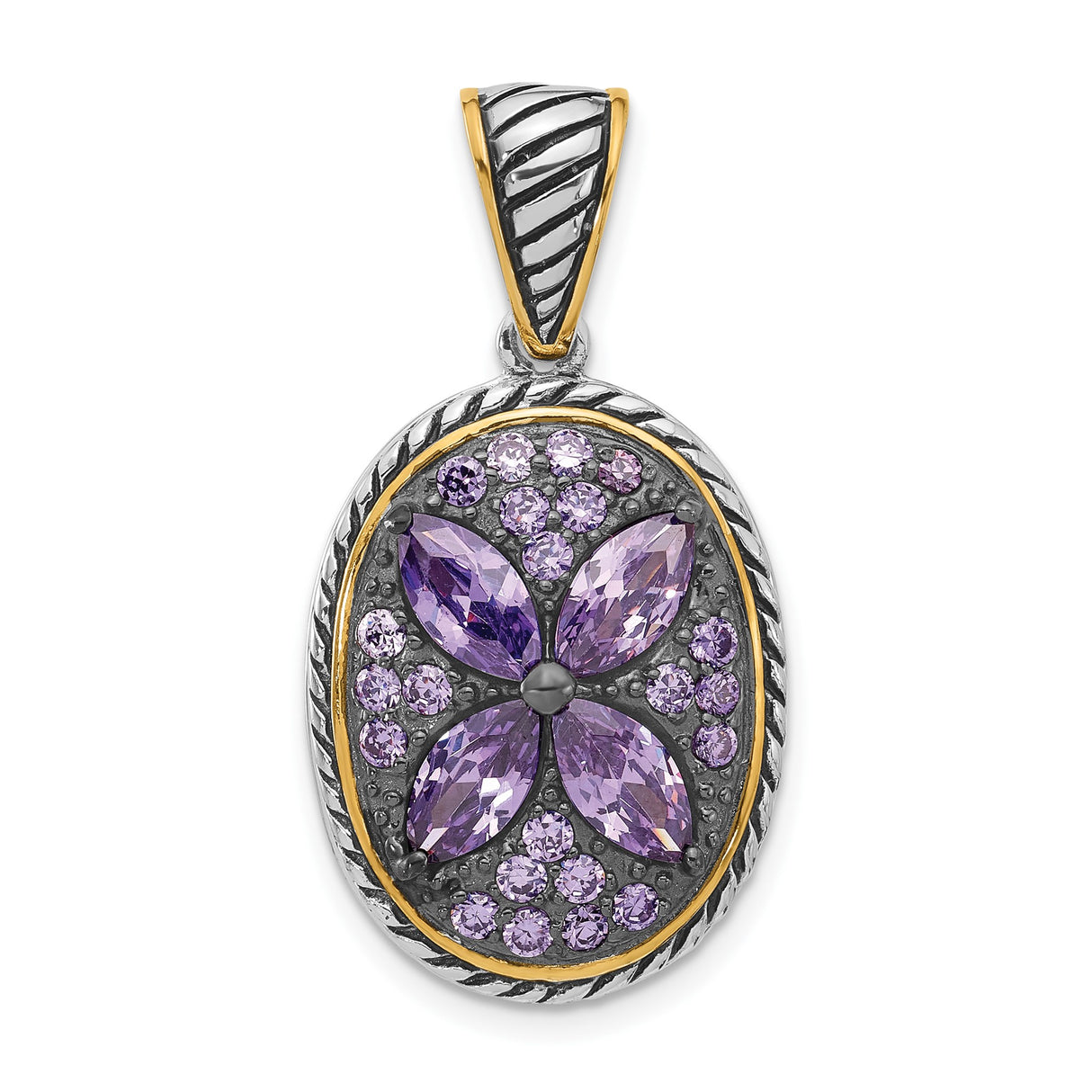 Sterling Silver Pendant with Cubic Zirconia, Floral Oval Design and Gold Tone Accents