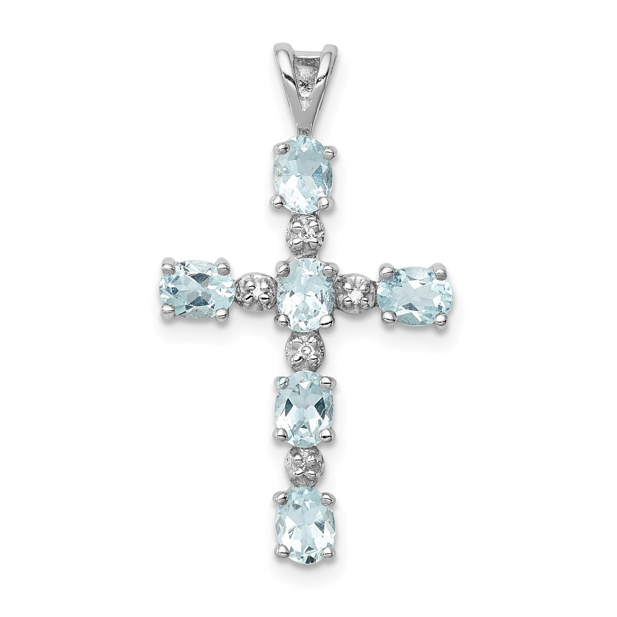 Sterling Silver Cross Pendant with Aquamarine and Diamond Accents, Rhodium Finish