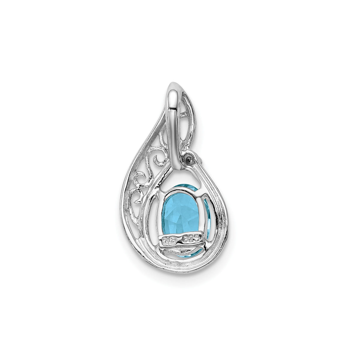 Sterling Silver Pendant with Swiss Blue Topaz and Diamond, Teardrop Swirl Design, Vintage Style