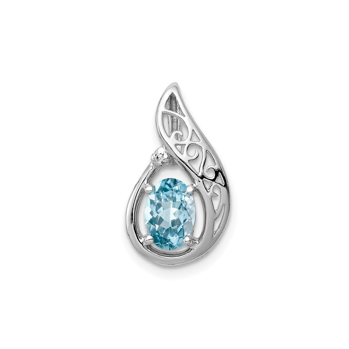 Sterling Silver Pendant with Swiss Blue Topaz and Diamond, Teardrop Swirl Design, Vintage Style