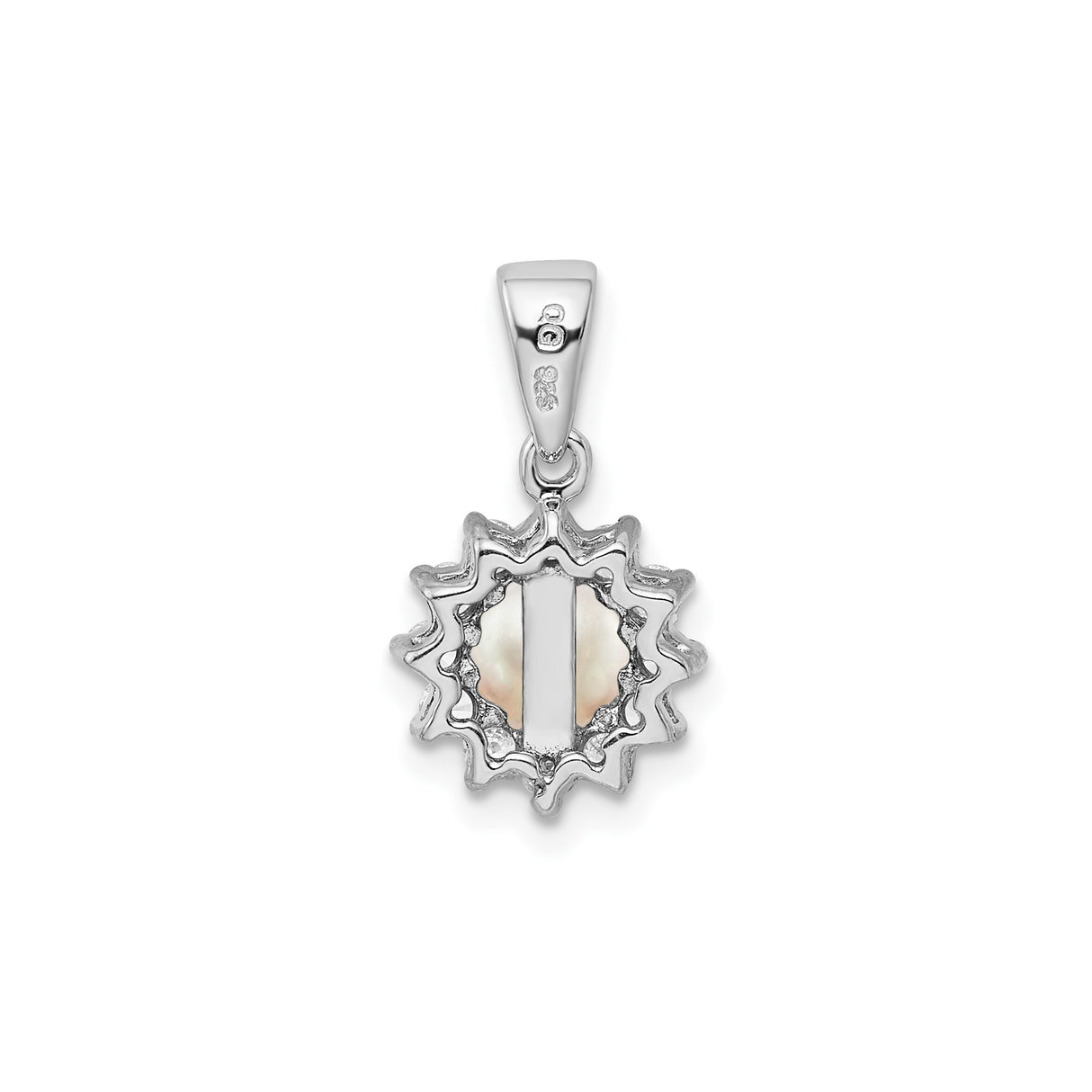 Sterling Silver Pendant with White Pearl and Cubic Zirconia Halo in Floral Sunburst Design