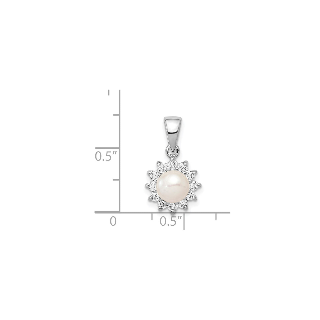 Sterling Silver Pendant with White Pearl and Cubic Zirconia Halo in Floral Sunburst Design