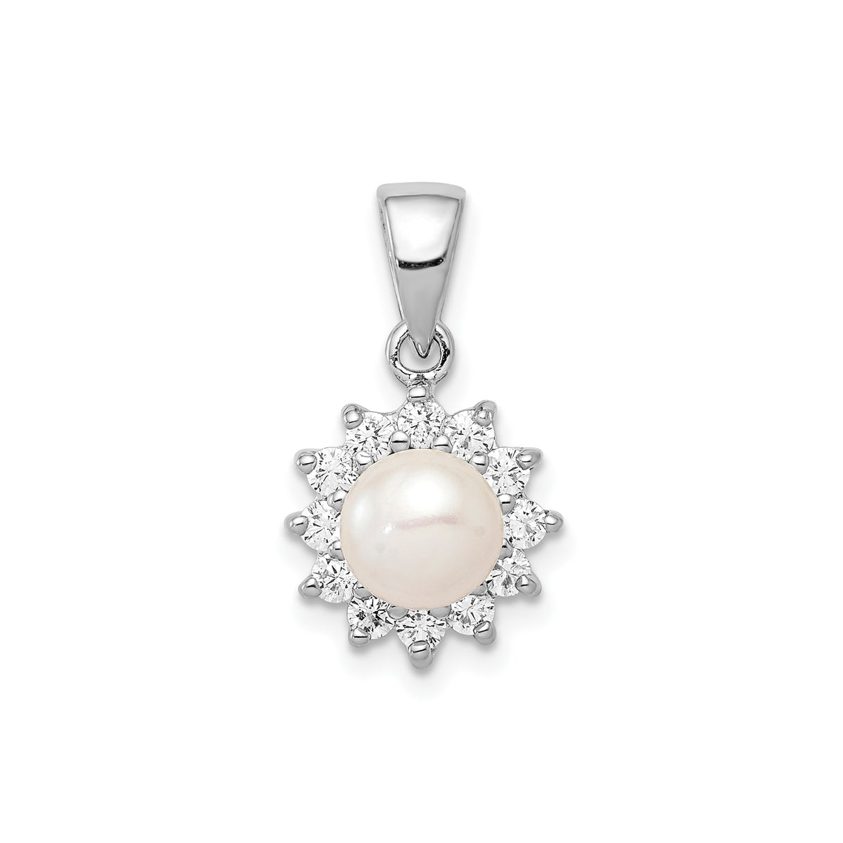 Sterling Silver Pendant with White Pearl and Cubic Zirconia Halo in Floral Sunburst Design