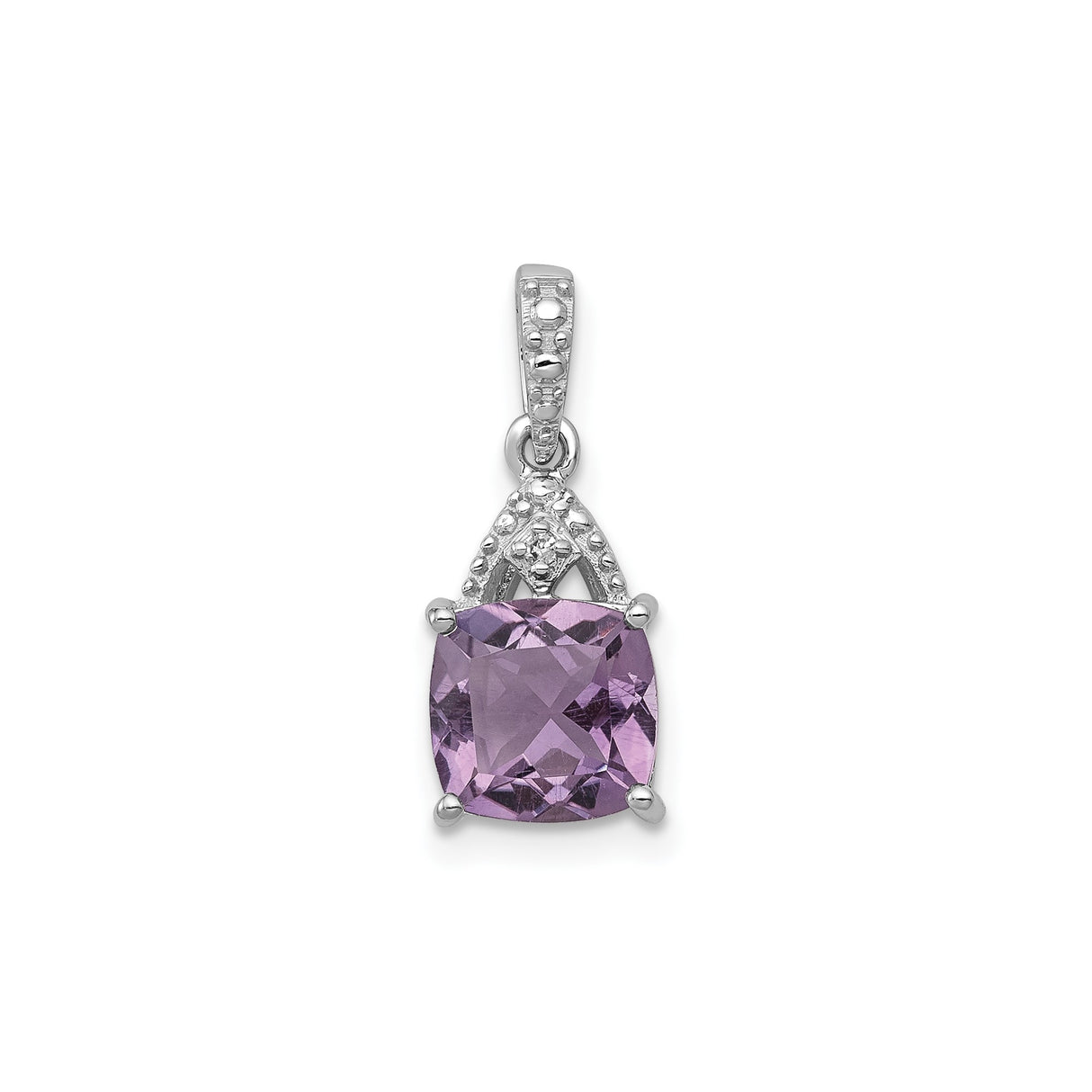 Sterling Silver Pendant with Cushion Amethyst and Diamond, Filigree Design for Women